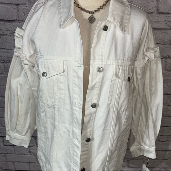 Anthropologie Avec Les Filles White Ruffled Puff Sleeve Oversized Denim Jacket - Picture 5 of 9